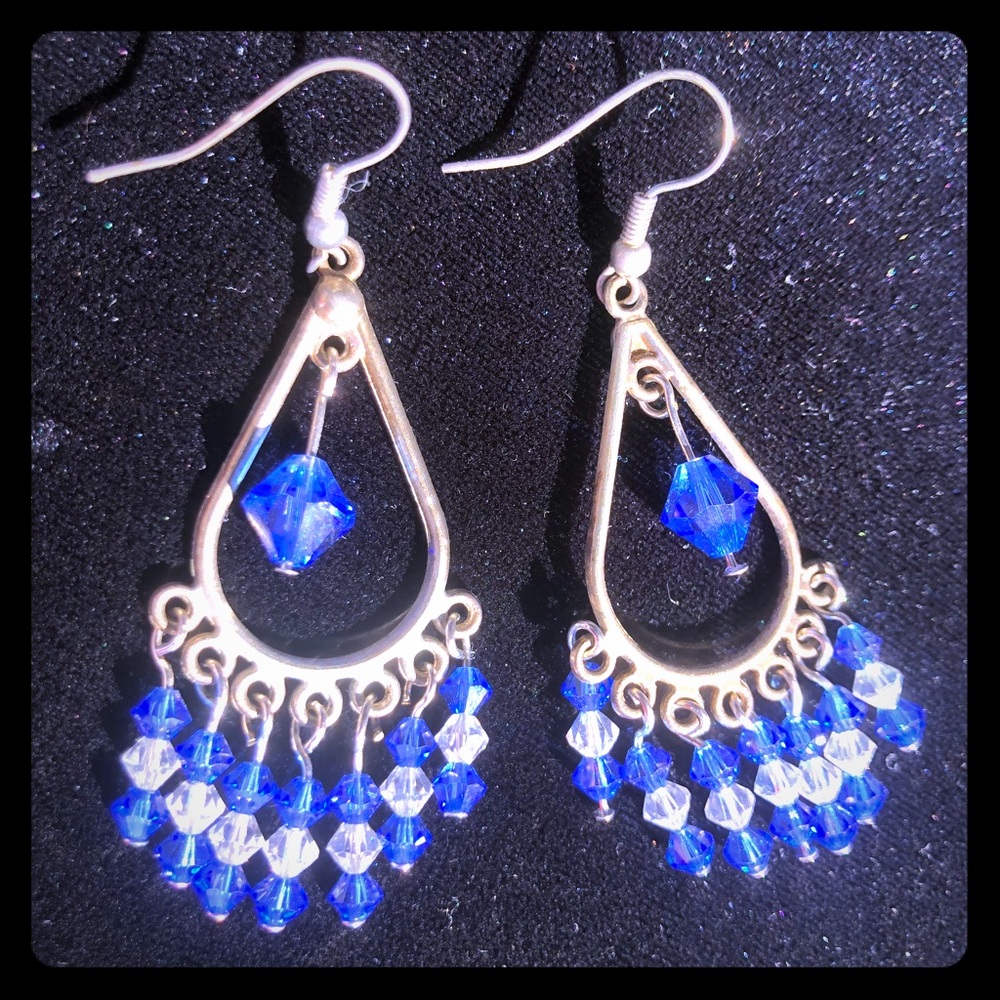 Shiny blue crystal & silver chandelier earrings